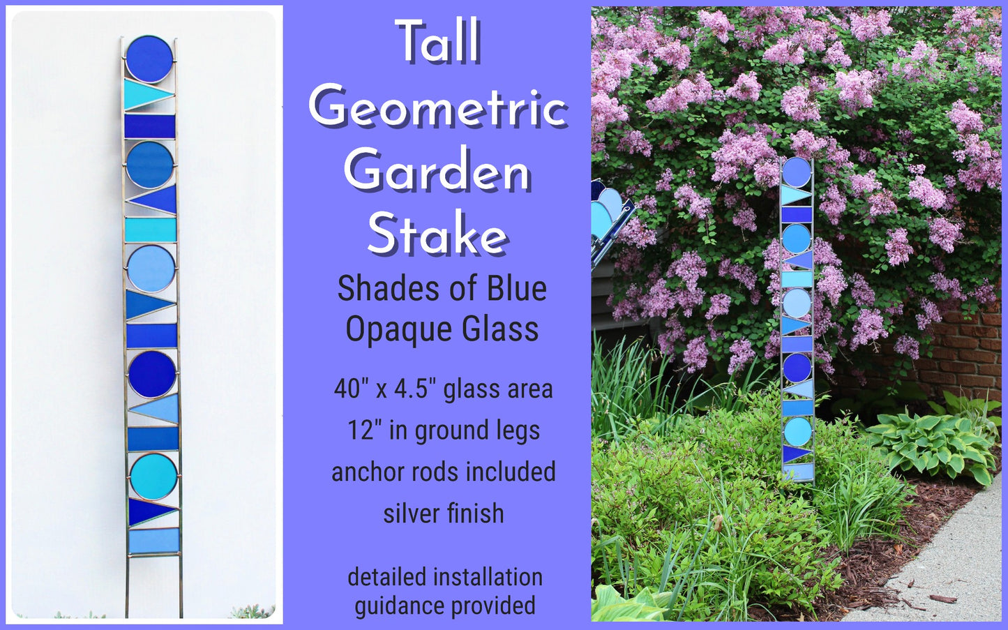 Tall Geometric Shapes Glass Garden Art Stake. Shades of Blue opaque glass.  Unique colorful yard décor.