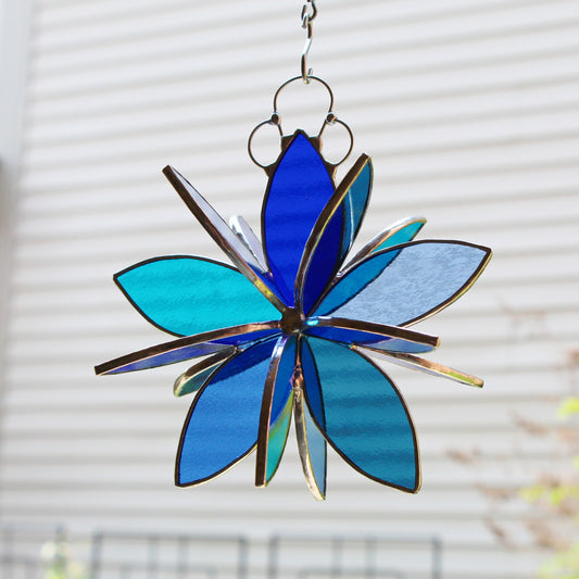 Stained glass hanging flower suncatcher. Garden & Home decor. Shades of Blue