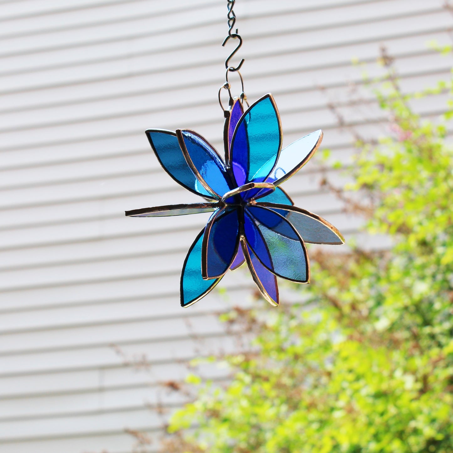 Stained glass hanging flower suncatcher. Garden & Home decor. Shades of Blue