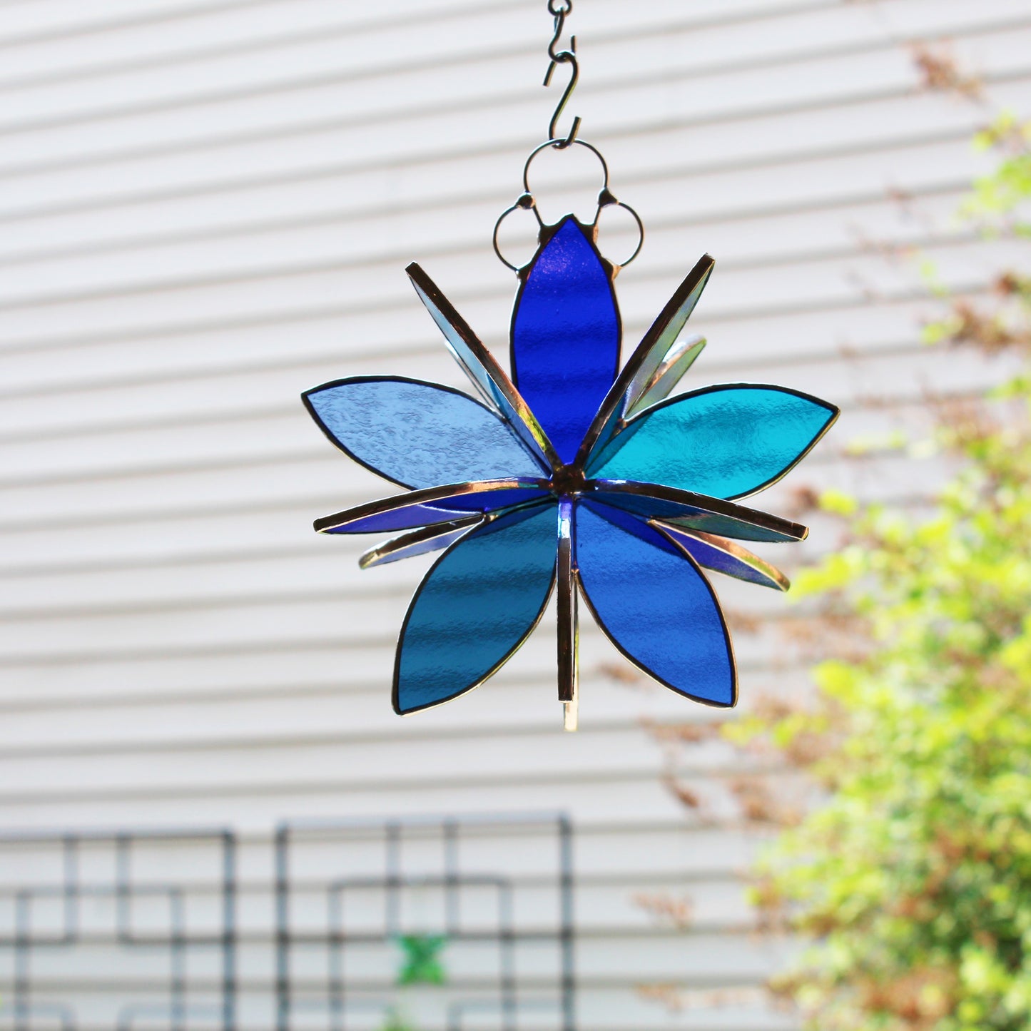 Stained glass hanging flower suncatcher. Garden & Home decor. Shades of Blue
