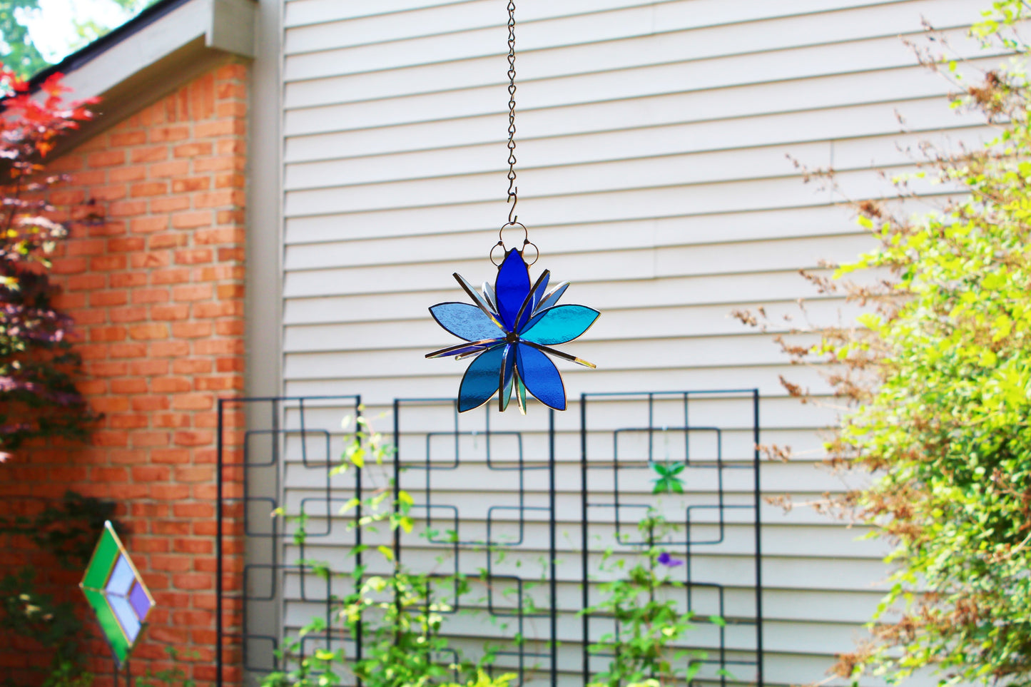 Stained glass hanging flower suncatcher. Garden & Home decor. Shades of Blue