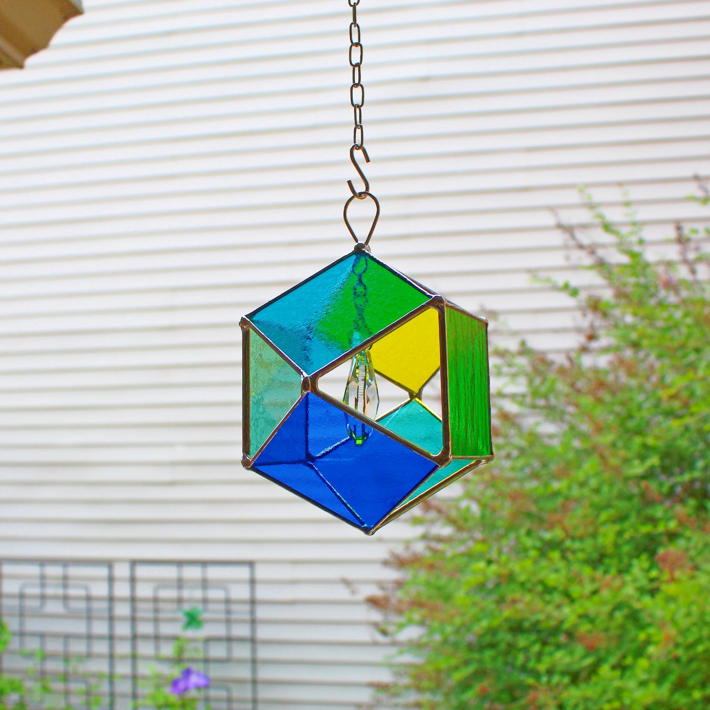 Squared Orb Glass Suncatcher with Centered Teardrop Crystal. Blues + Greens