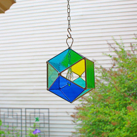 Squared Orb Glass Suncatcher with Centered Teardrop Crystal. Blues + Greens