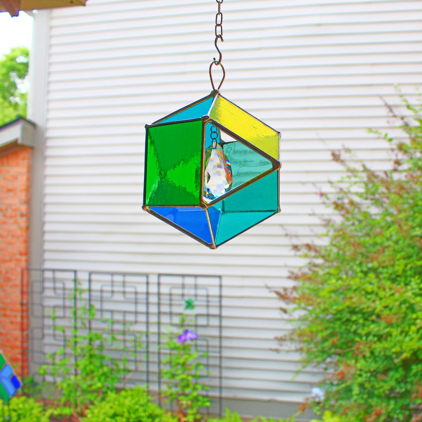Squared Orb Glass Suncatcher with Centered Teardrop Crystal. Blues + Greens