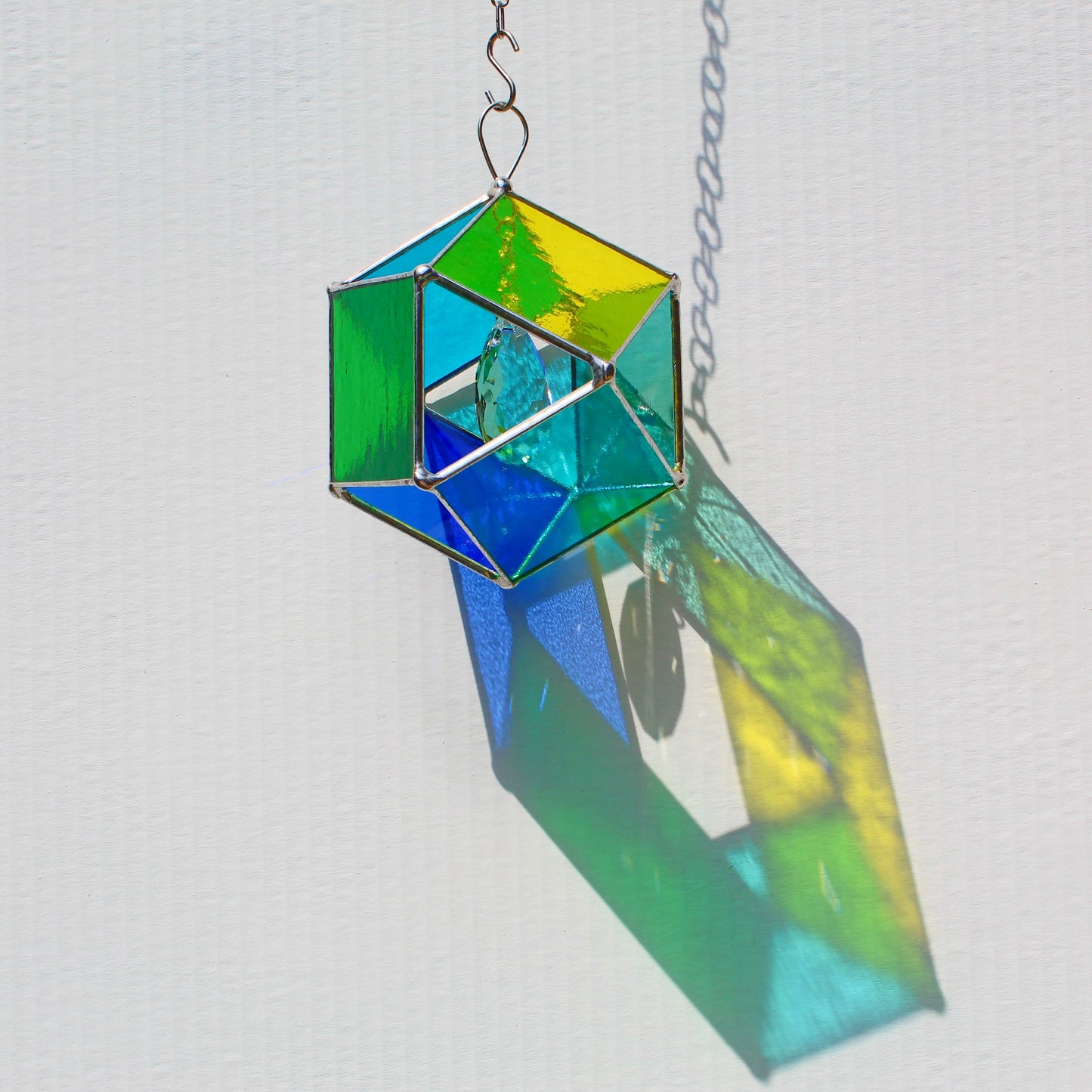 Squared Orb Glass Suncatcher with Centered Teardrop Crystal. Blues + Greens