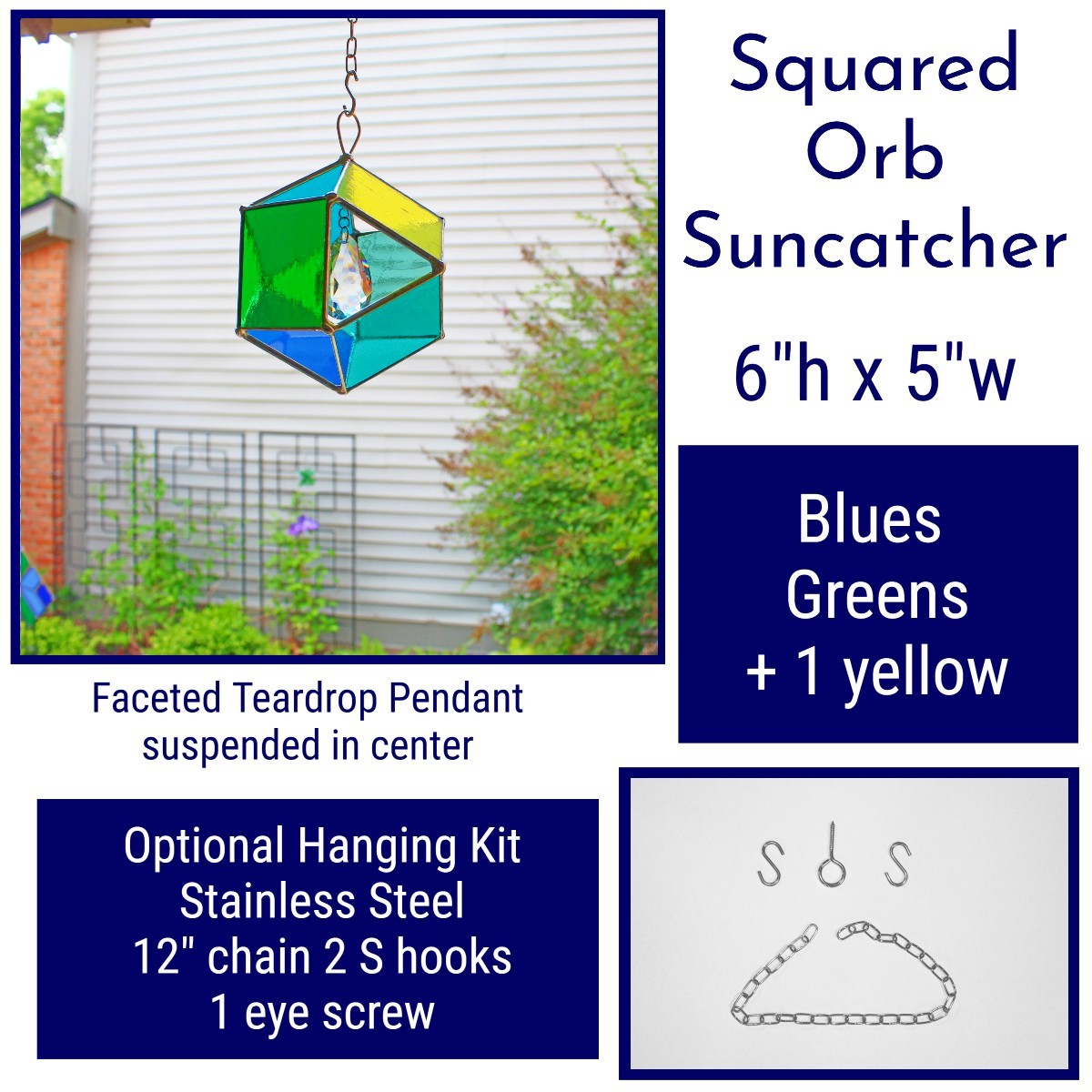 Squared Orb Glass Suncatcher with Centered Teardrop Crystal. Blues + Greens