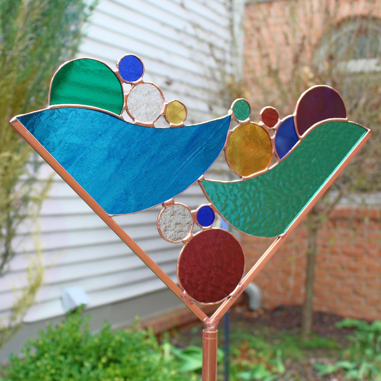 Stained Glass Martini Garden Art Stake. Jewel & Pastel tones. Colorful and unique yard decor that enhances your garden.