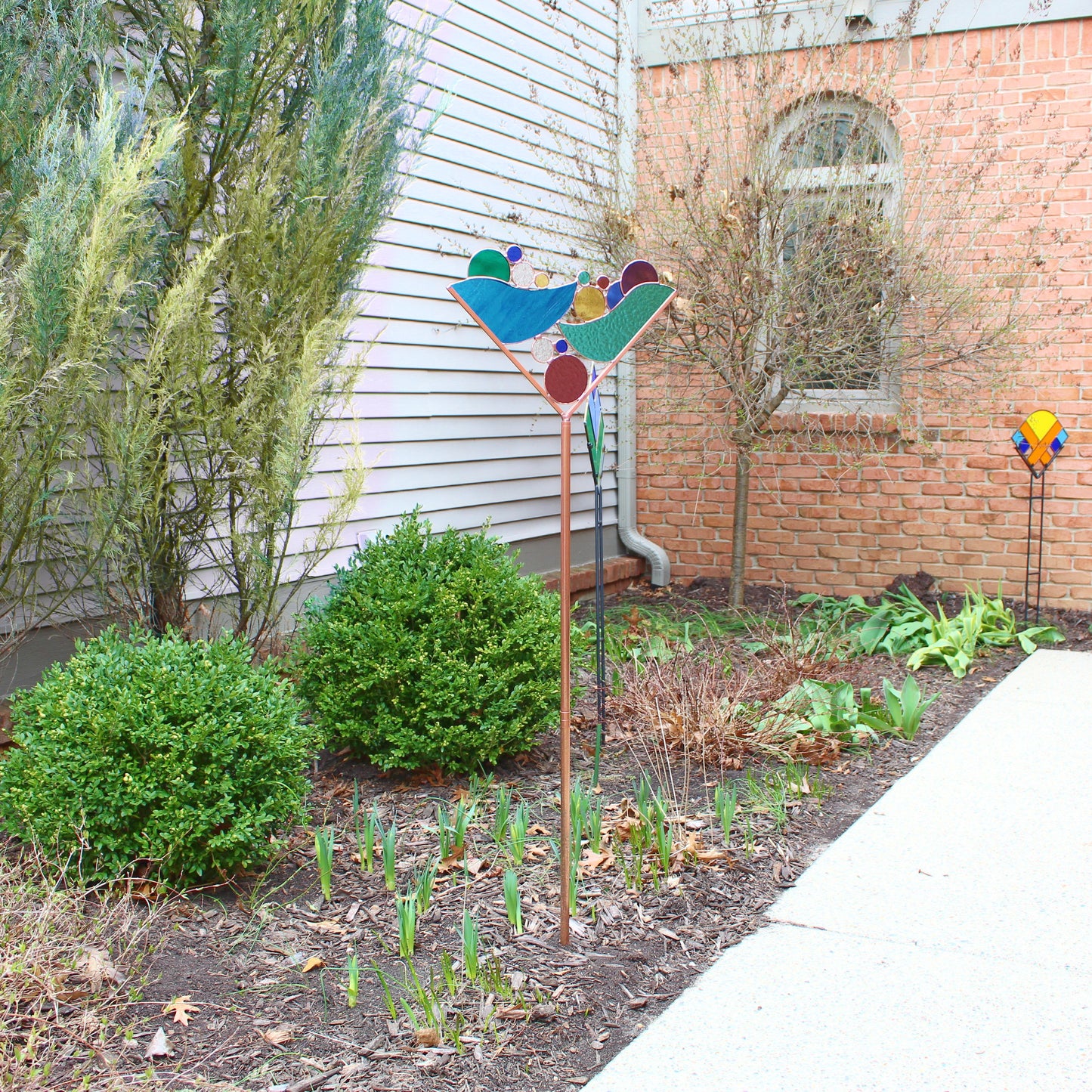 Stained Glass Martini Garden Art Stake. Jewel & Pastel tones. Colorful and unique yard decor that enhances your garden.