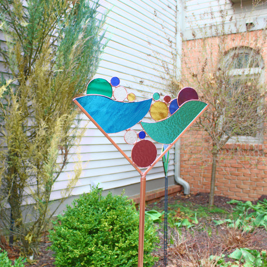Stained Glass Martini Garden Art Stake. Jewel & Pastel tones. Colorful and unique yard decor that enhances your garden.