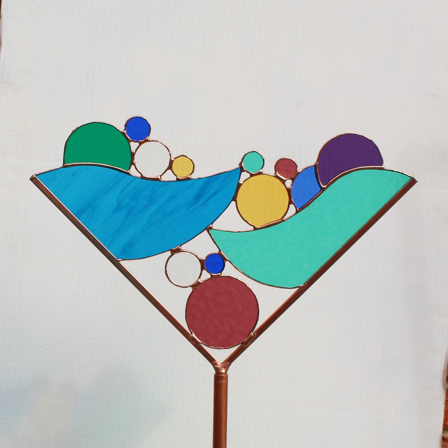 Stained Glass Martini Garden Art Stake. Jewel & Pastel tones. Colorful and unique yard decor that enhances your garden.