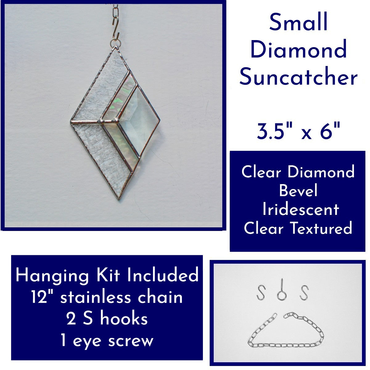 Small Diamond Stained Glass Suncatcher – Silver Finish, Faceted Bevel & Iridescent Accent
