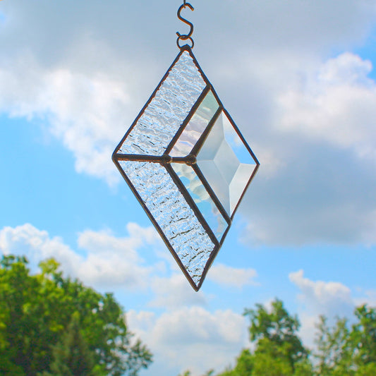 Small Diamond Stained Glass Suncatcher – Silver Finish, Faceted Bevel & Iridescent Accent