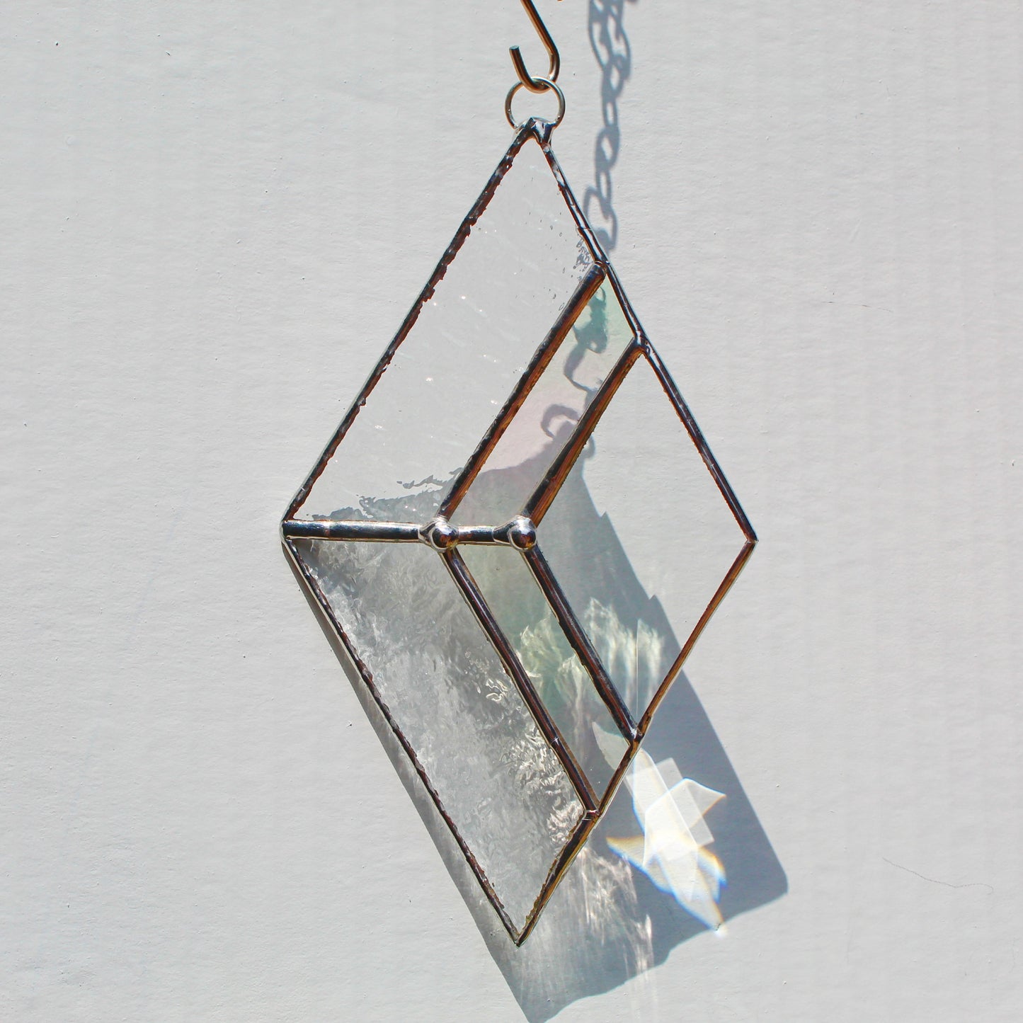 Small Diamond Stained Glass Suncatcher – Silver Finish, Faceted Bevel & Iridescent Accent