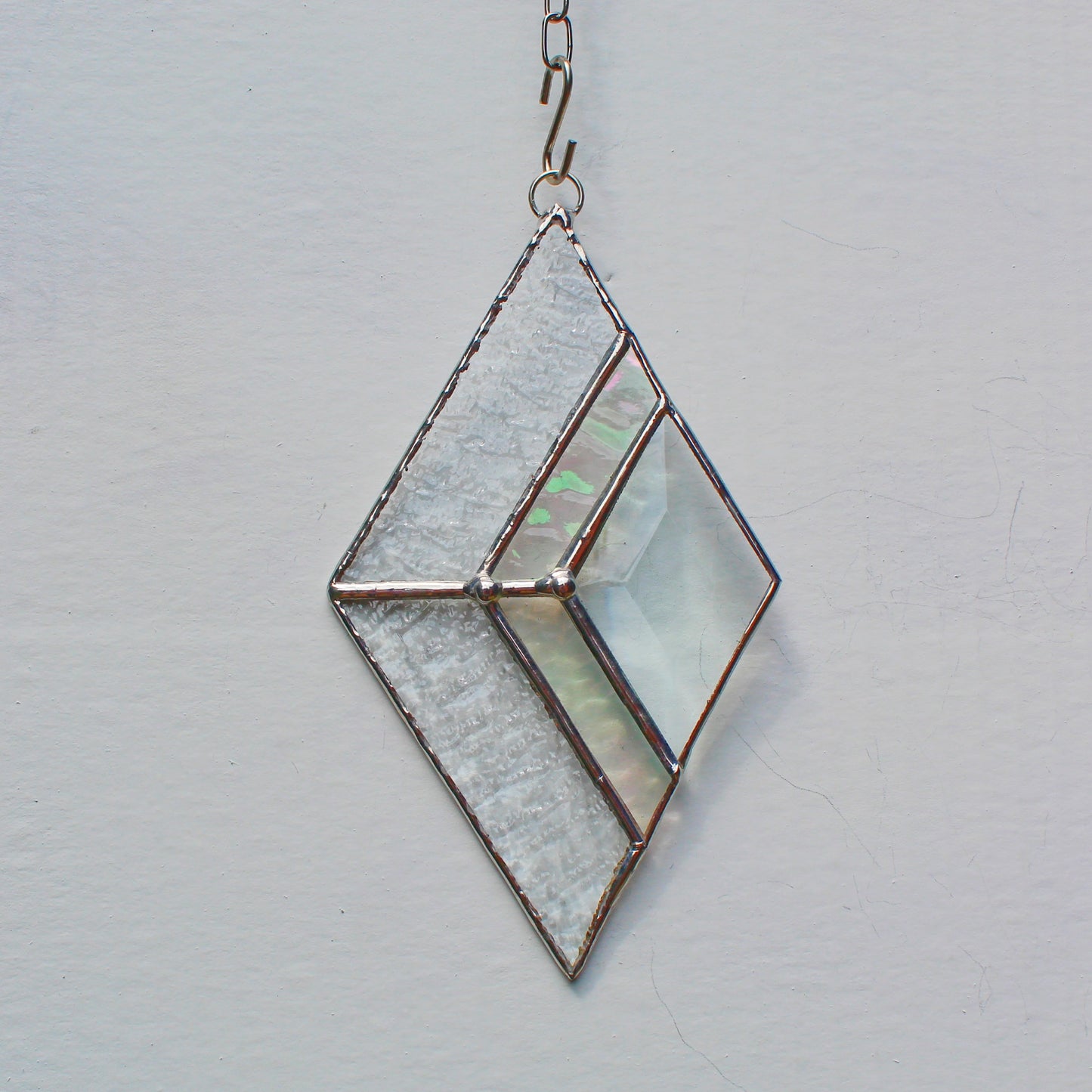 Small Diamond Stained Glass Suncatcher – Silver Finish, Faceted Bevel & Iridescent Accent