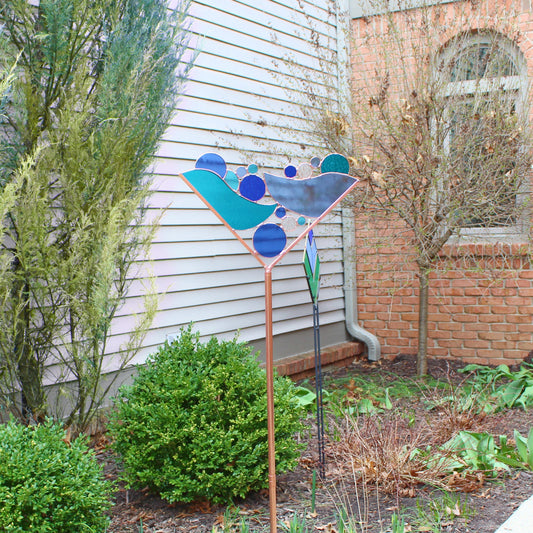 Stained Glass Martini Garden Art Stake. Shades of Blue. Colorful and unique yard decor that enhances your garden.