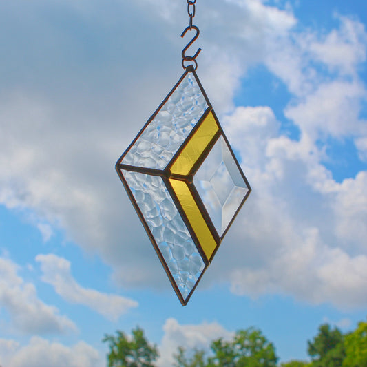 Small Diamond Stained Glass Suncatcher – Silver Finish, Faceted Bevel & Golden Yellow Accent