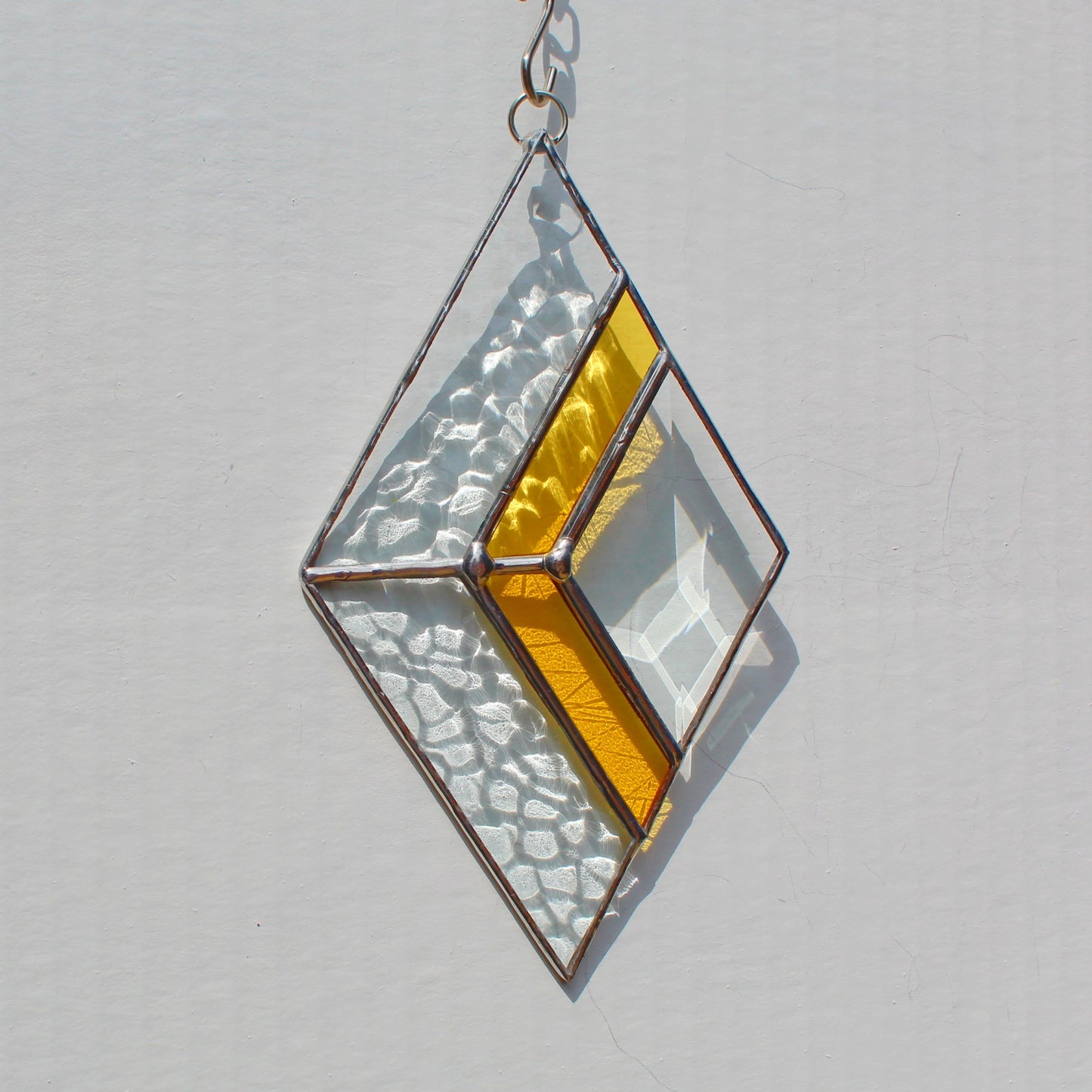 Small Diamond Stained Glass Suncatcher – Silver Finish, Faceted Bevel & Golden Yellow Accent