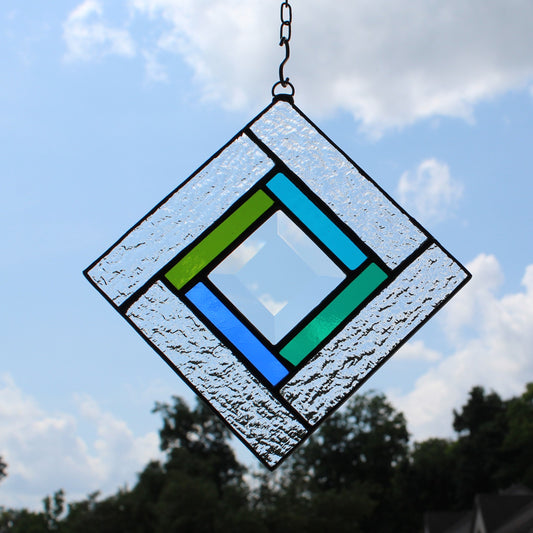 Small Square Stained Glass Suncatcher – Silver Finish, Faceted Bevel & Green and Blue Accent