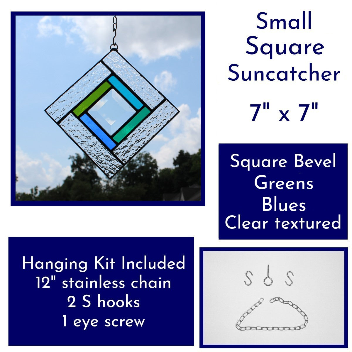 Small Square Stained Glass Suncatcher – Silver Finish, Faceted Bevel & Green and Blue Accent