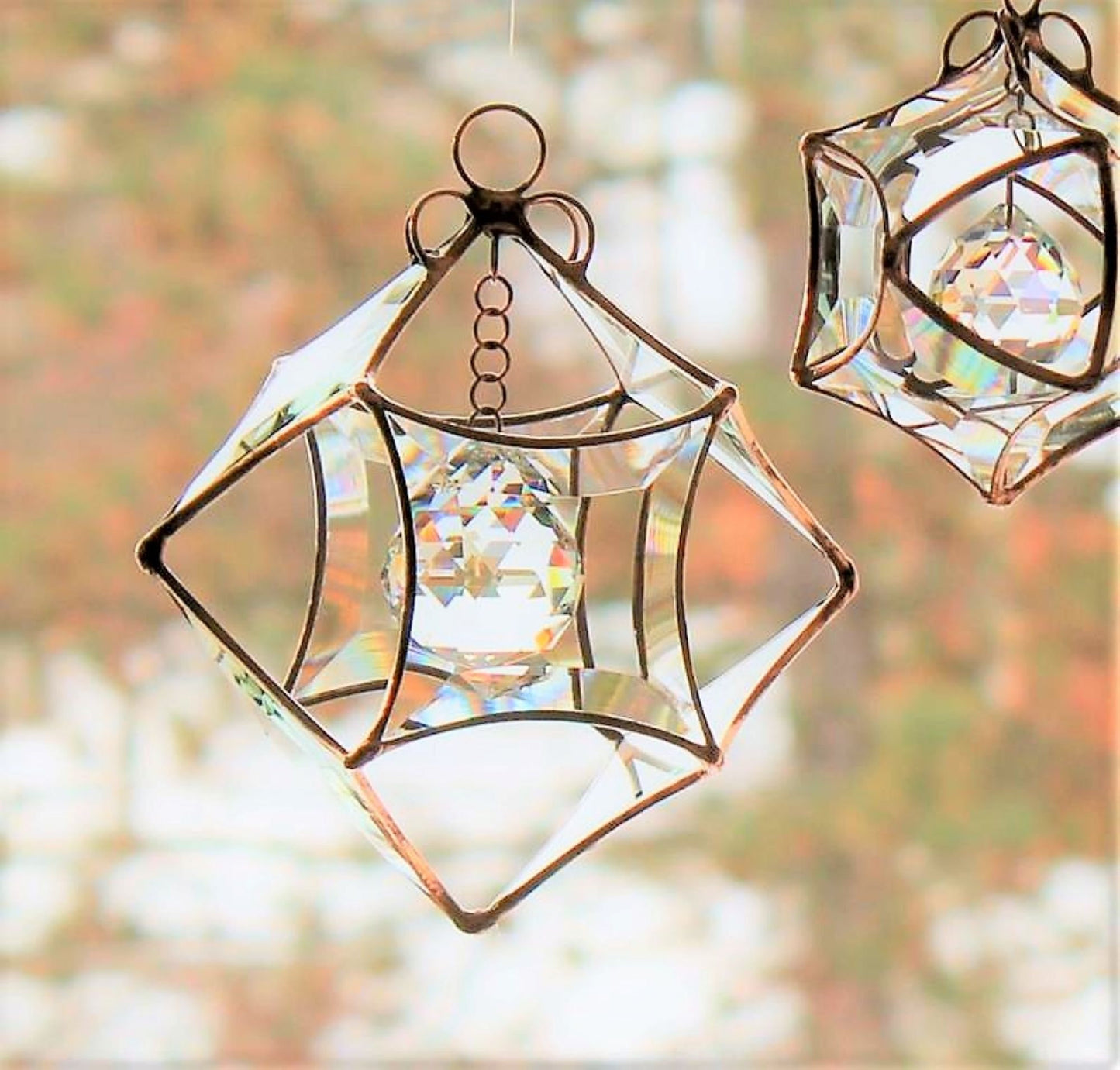 Stained glass star suncatcher. Copper finished faceted glass. Sunny window prism maker.
