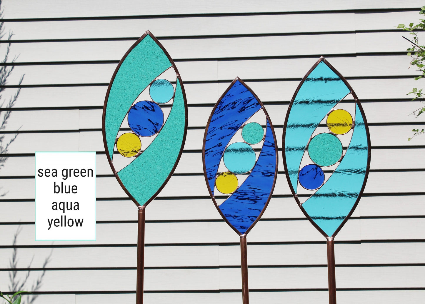 Tall Glass Garden Art Stakes. Ocean colors. You pick 1, 2 or 3. Unique yard décor gifts.