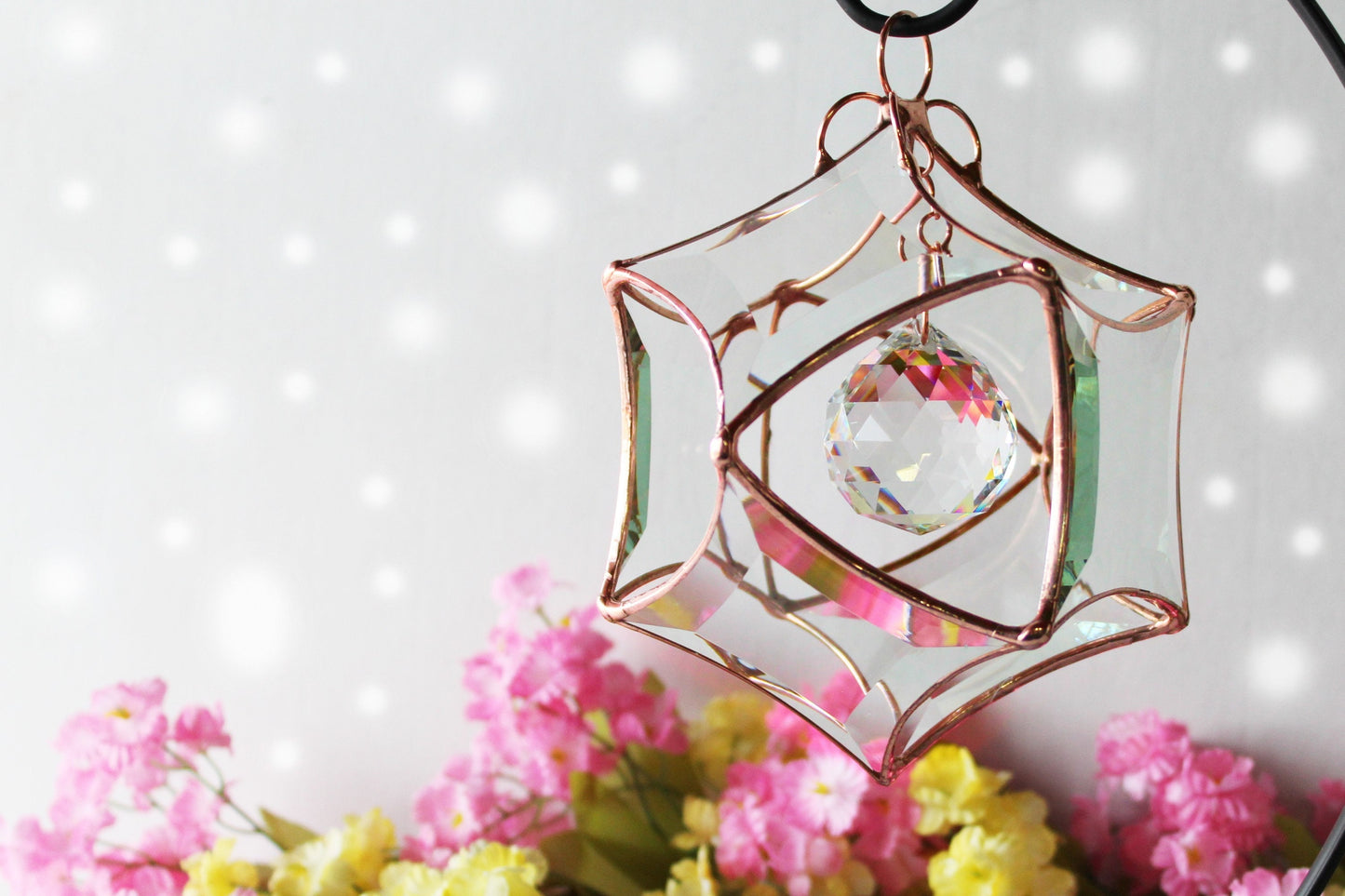 Stained glass star suncatcher. Copper finished faceted glass. Sunny window prism maker.