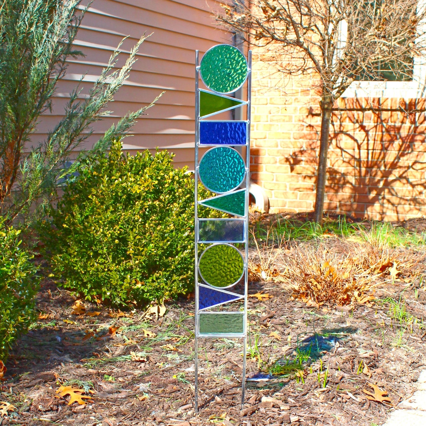 Geometric Shapes Glass Garden Art Stake. Unique colorful yard décor. Blues & Greens.