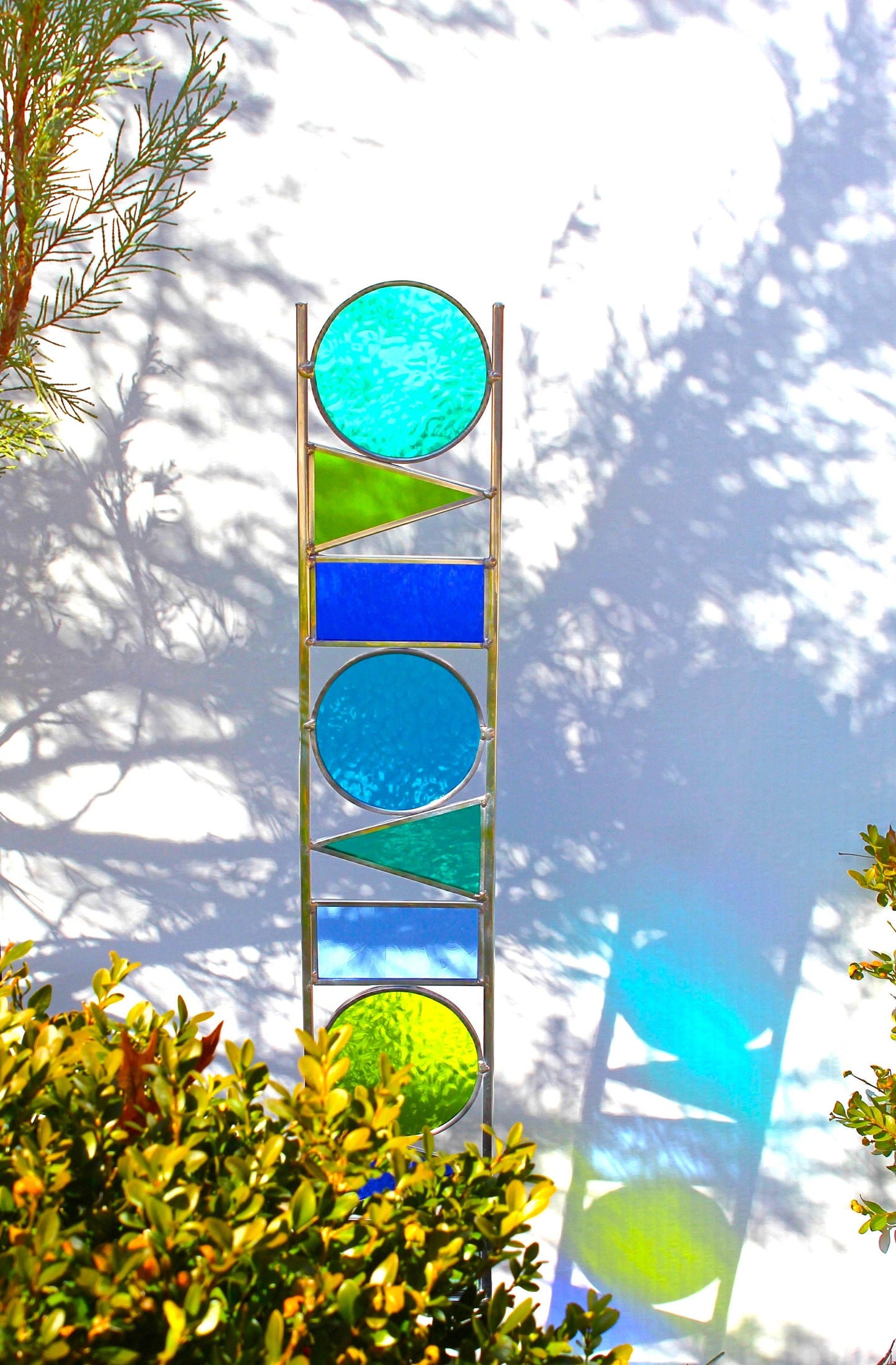Geometric Shapes Glass Garden Art Stake. Unique colorful yard décor. Blues & Greens.