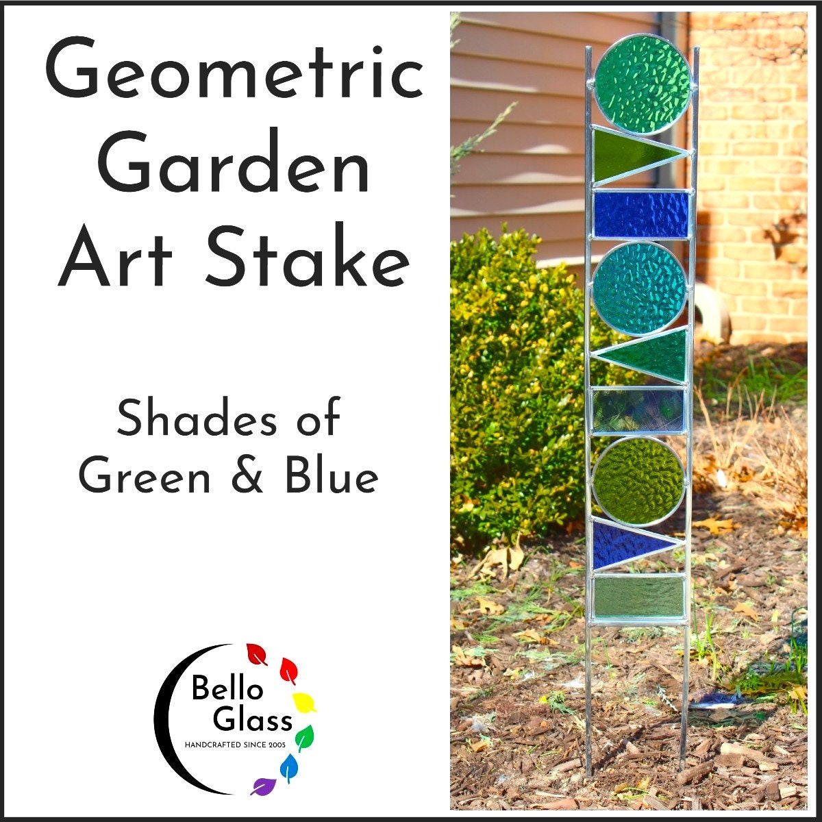 Geometric Shapes Glass Garden Art Stake. Unique colorful yard décor. Blues & Greens.