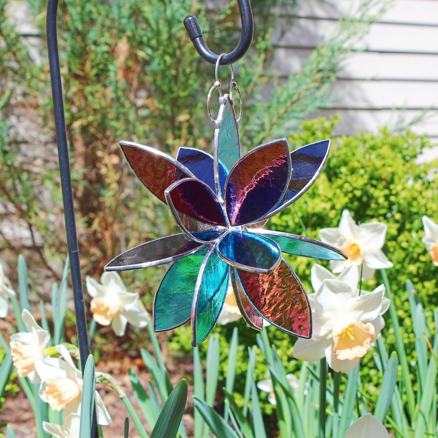 Stained glass hanging flower suncatcher. Garden & Home decor. Aqua Purple Grape.