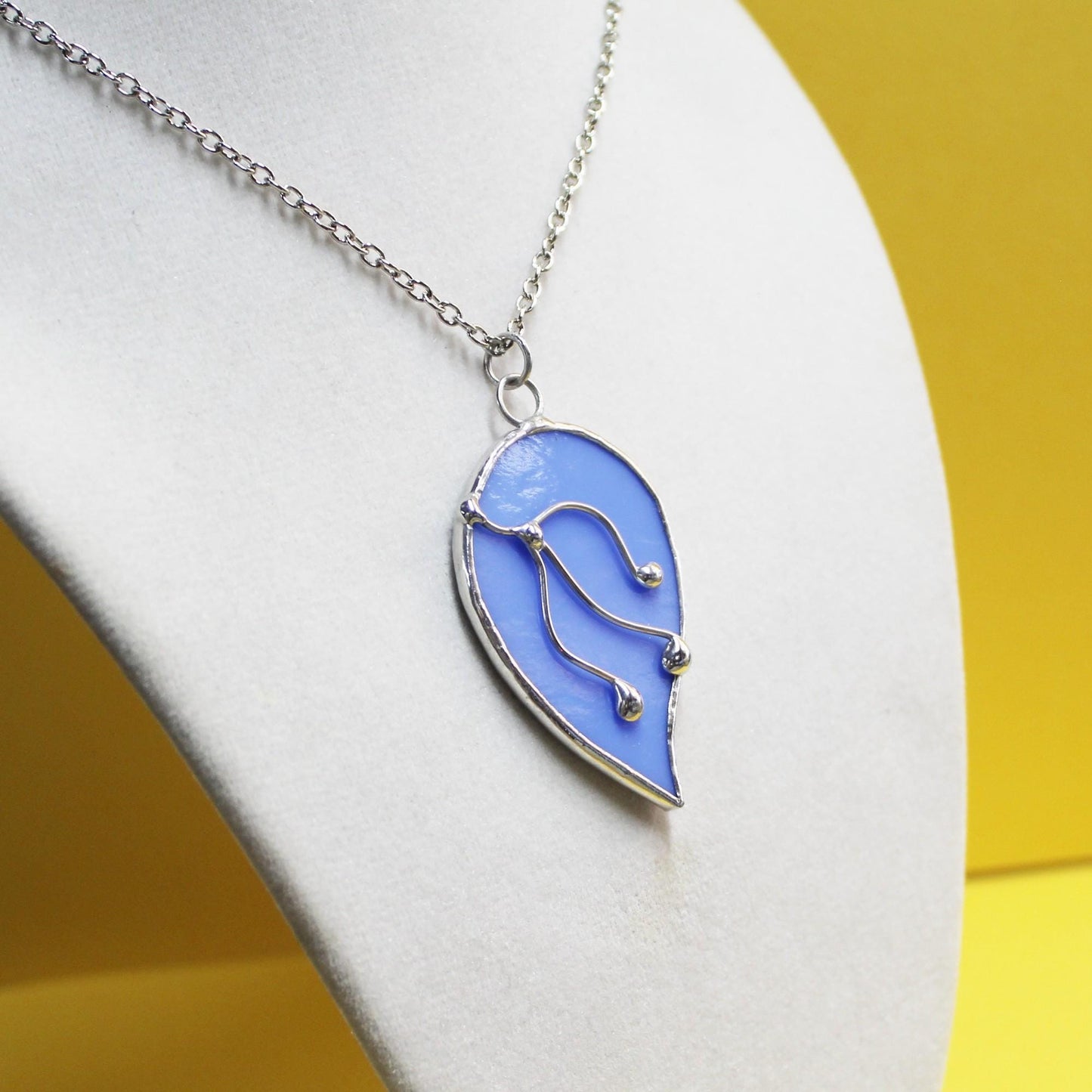 Hydrangea blue glass pendant necklace with chain. Stained glass jewelry. Wearable art.