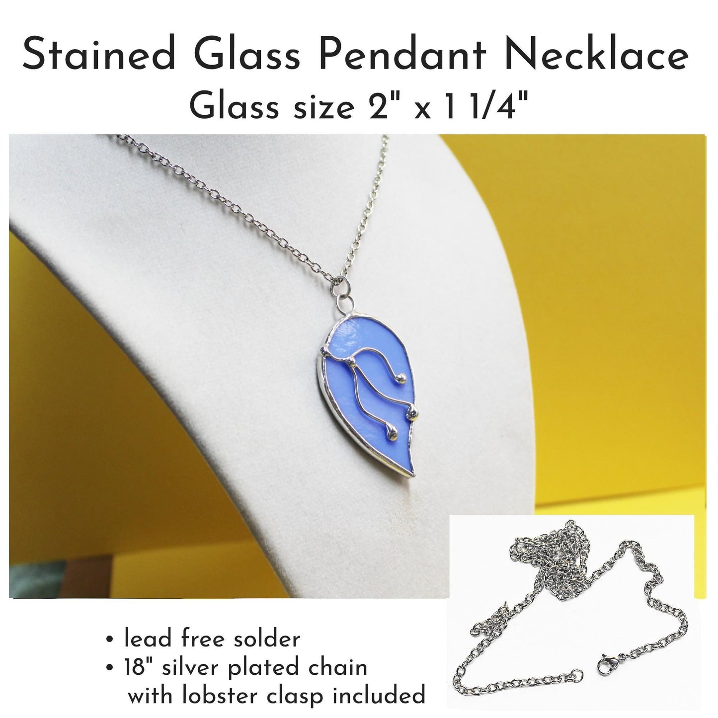 Hydrangea blue glass pendant necklace with chain. Stained glass jewelry. Wearable art.