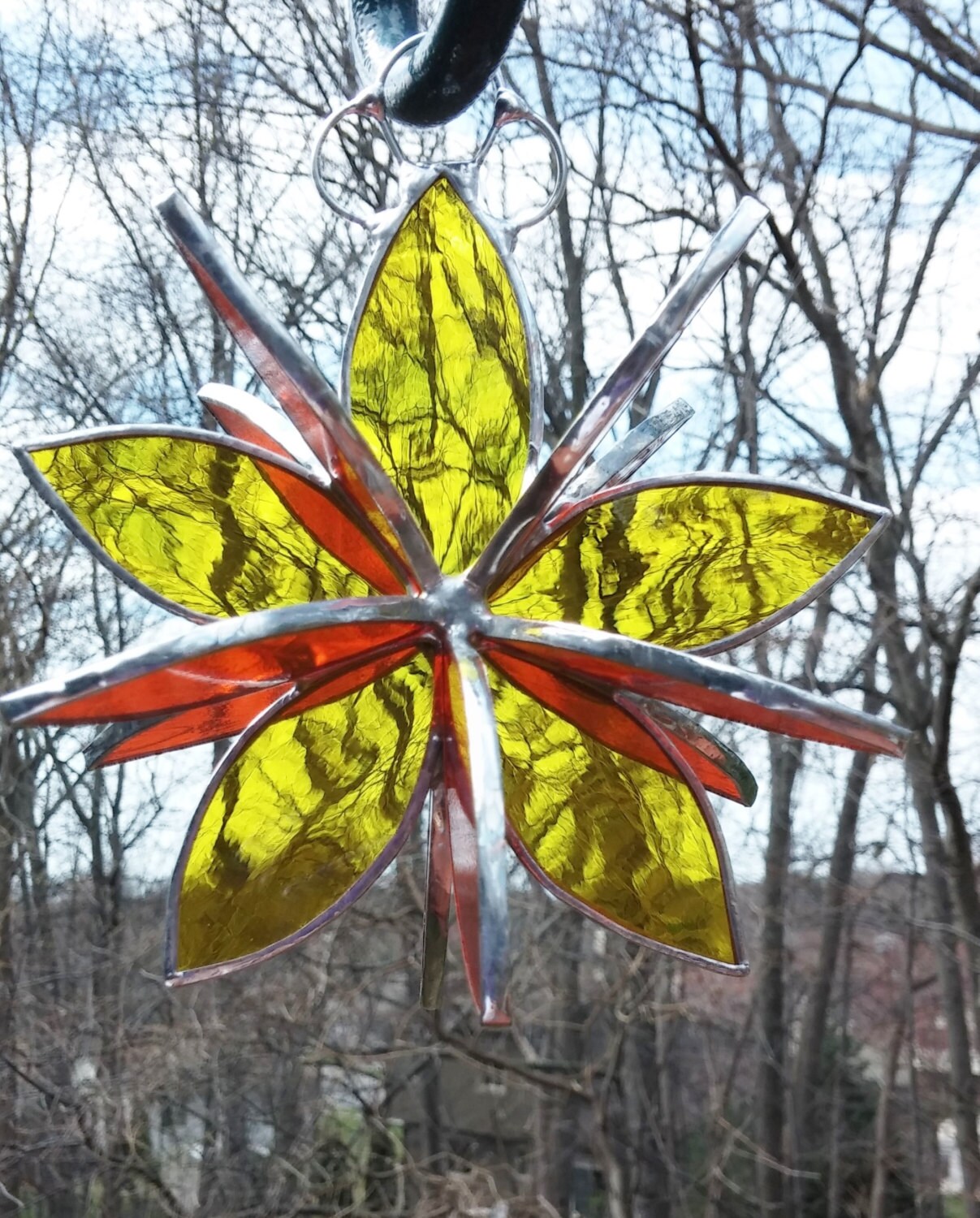 Stained glass hanging flower suncatcher. Garden & Home decor. Yellow and Orange