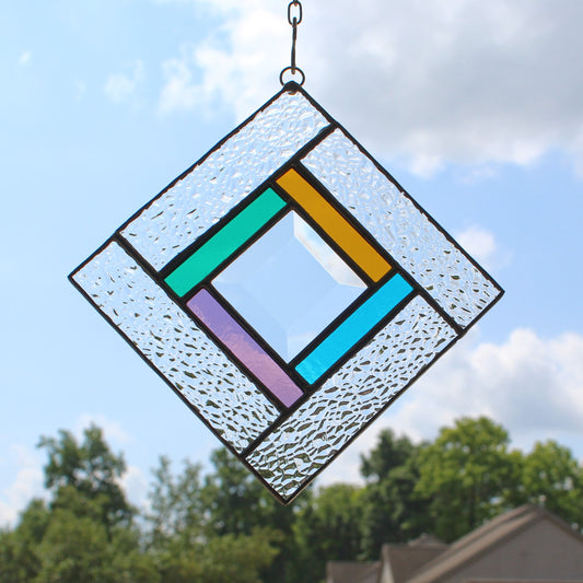 Small Square Stained Glass Suncatcher – Silver Finish, Faceted Bevel & Jewel Tones Accent