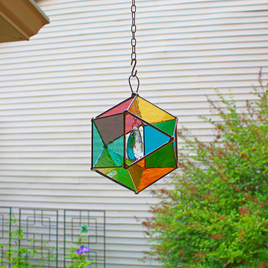Squared Orb Glass Suncatcher with Centered Teardrop Crystal. Jewel tones.