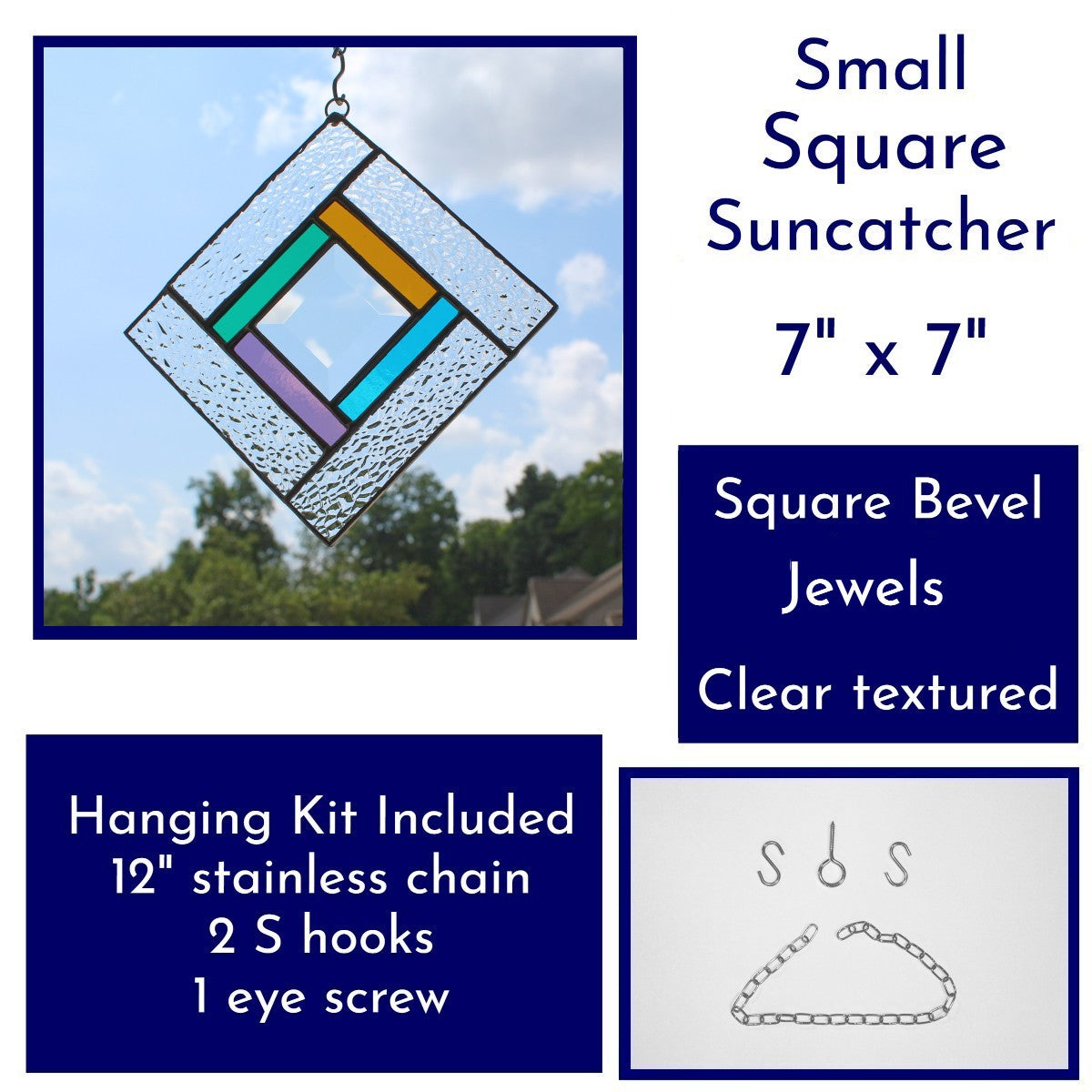 Small Square Stained Glass Suncatcher – Silver Finish, Faceted Bevel & Jewel Tones Accent