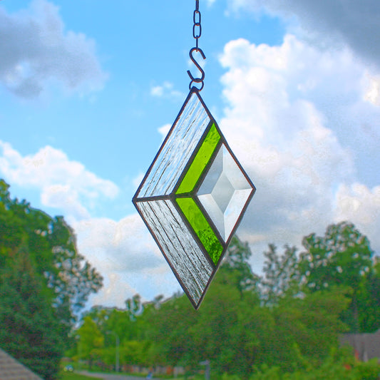 Small Diamond Stained Glass Suncatcher – Silver Finish, Faceted Bevel & Moss Green Accent