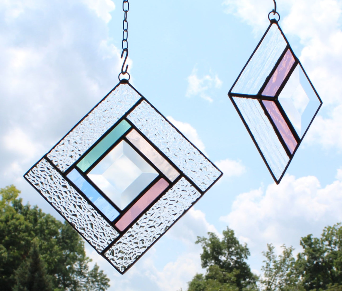 Small Square Stained Glass Suncatcher – Silver Finish, Faceted Bevel & Pastel Accent