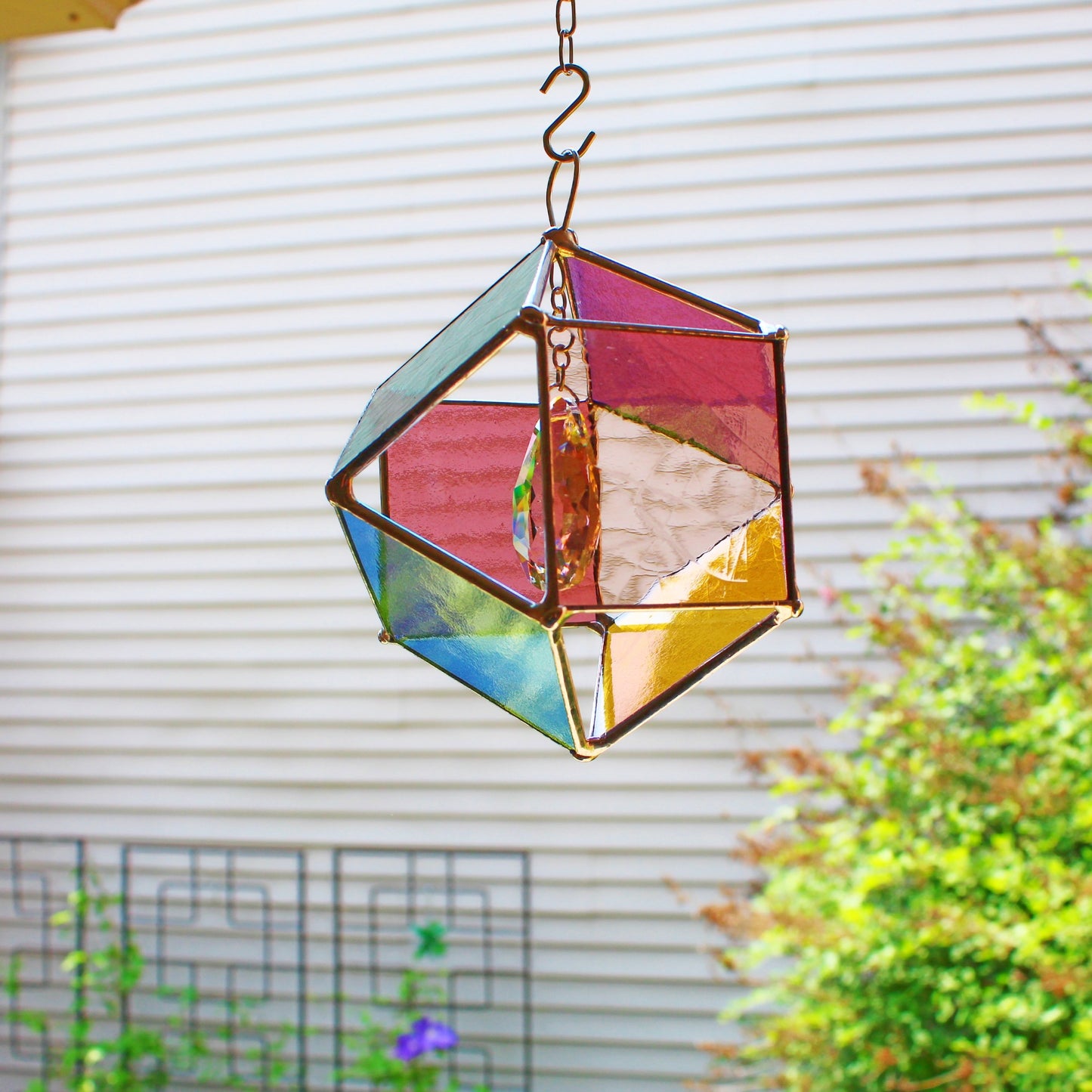 Squared Orb Glass Suncatcher with Centered Teardrop Crystal. Pastel tones.