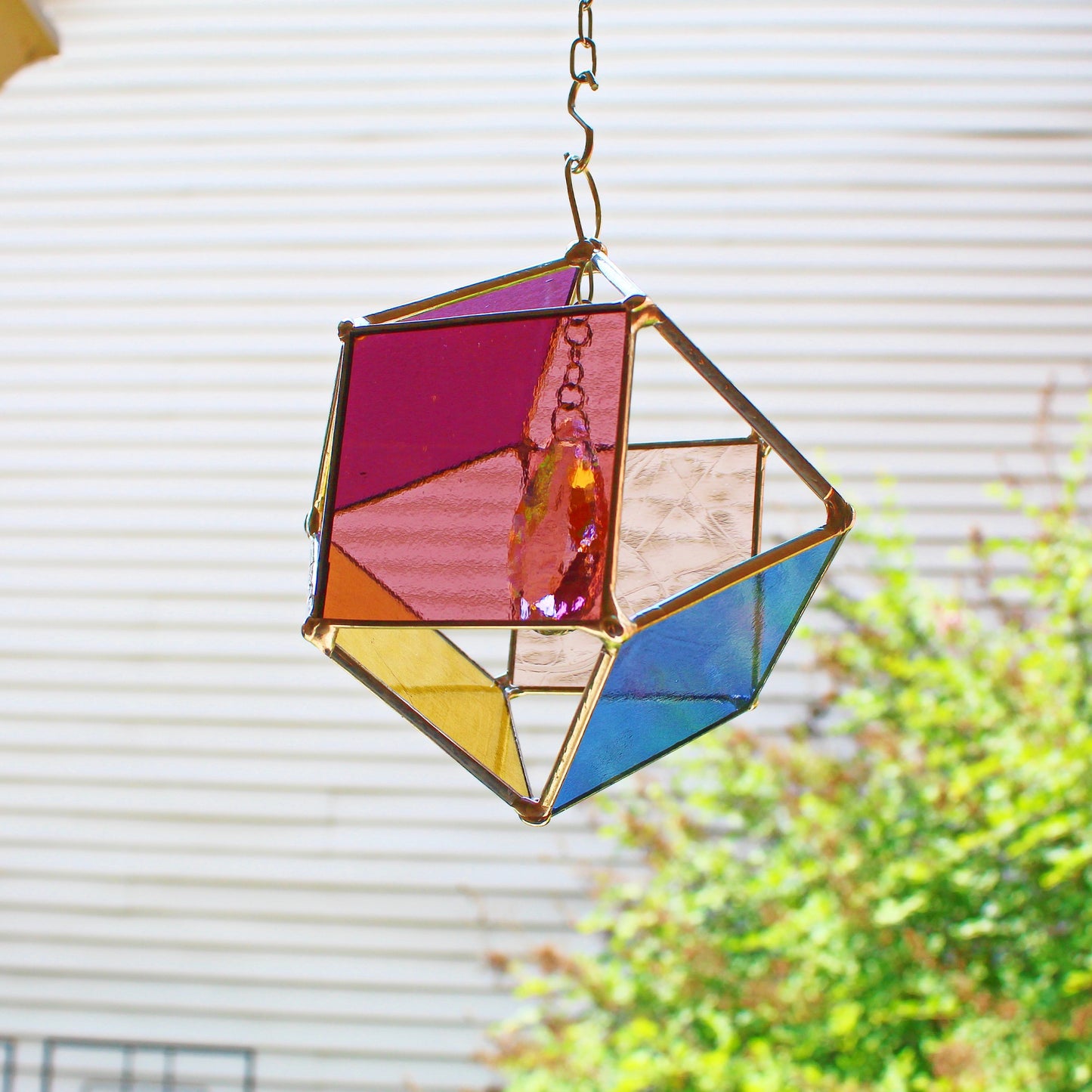 Squared Orb Glass Suncatcher with Centered Teardrop Crystal. Pastel tones.