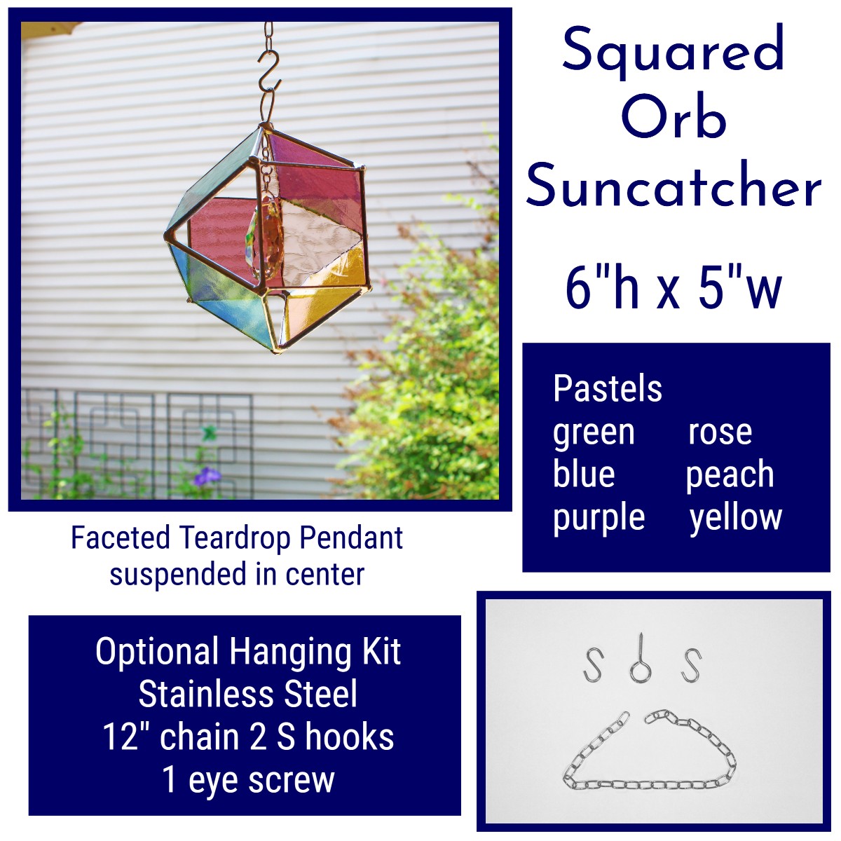 Squared Orb Glass Suncatcher with Centered Teardrop Crystal. Pastel tones.