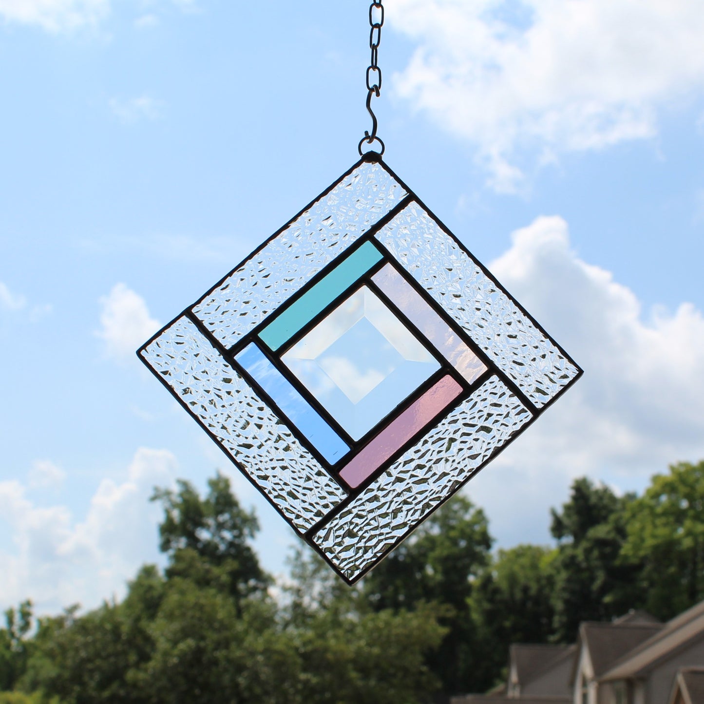 Small Square Stained Glass Suncatcher – Silver Finish, Faceted Bevel & Pastel Accent