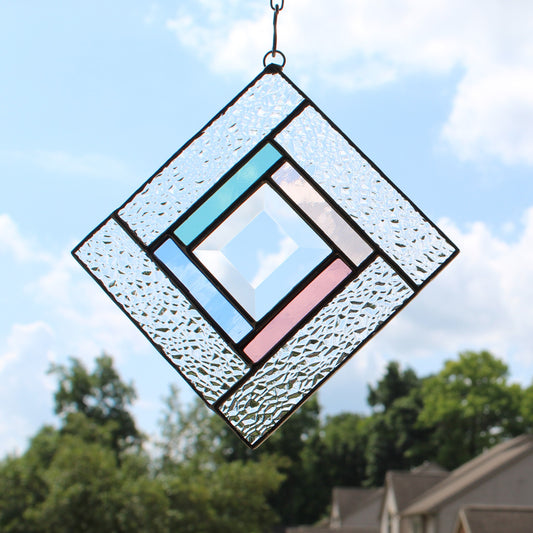 Small Square Stained Glass Suncatcher – Silver Finish, Faceted Bevel & Pastel Accent