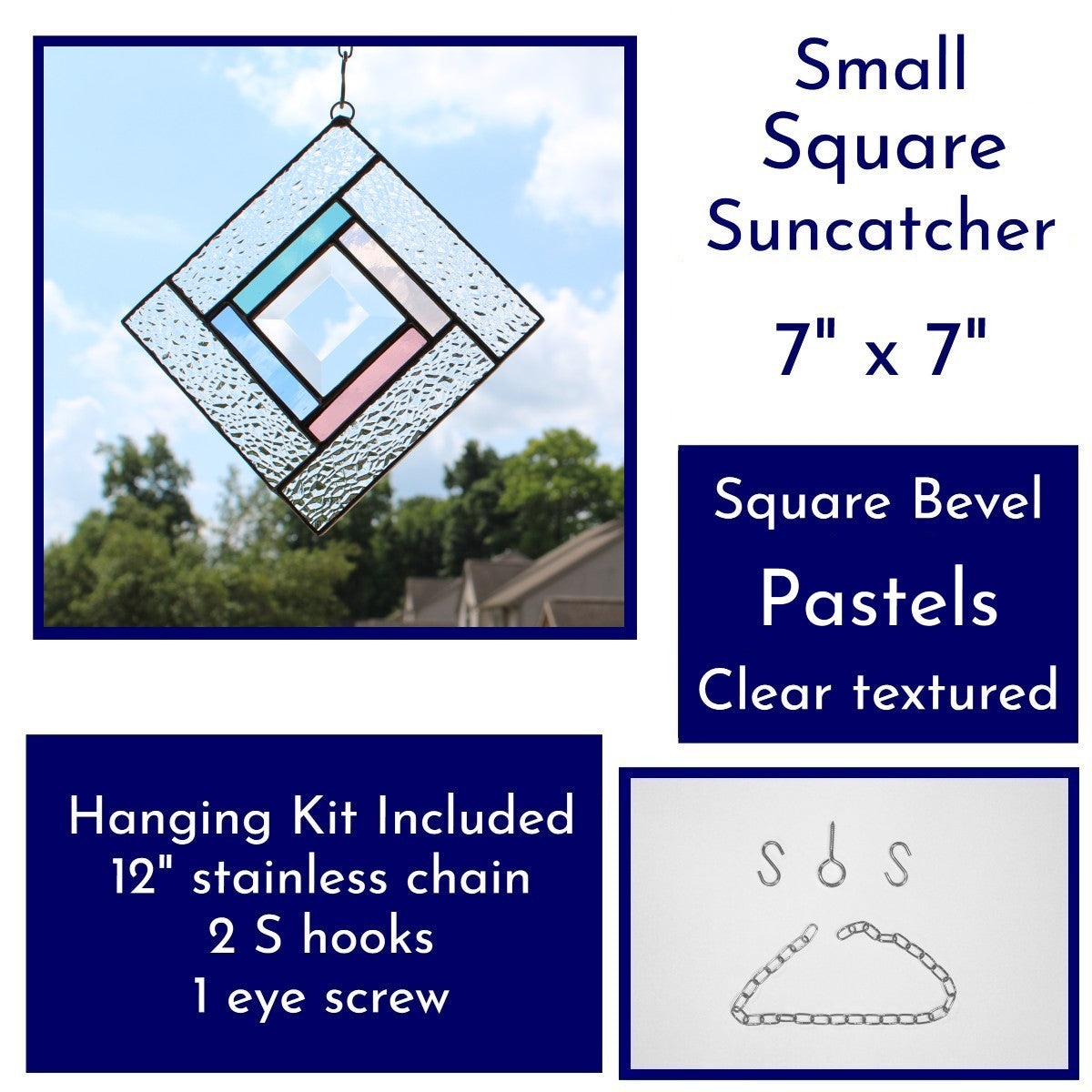 Small Square Stained Glass Suncatcher – Silver Finish, Faceted Bevel & Pastel Accent