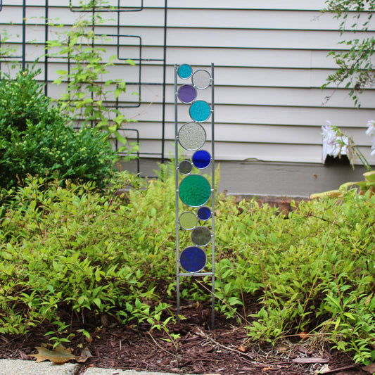 Glass Circle Garden Art Stake. Unique colorful yard décor. Peacock, Purple, Blue.