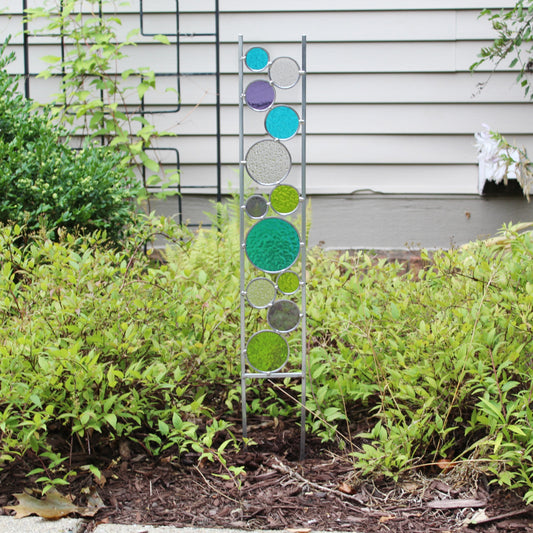Glass Circle Garden Art Stake. Unique colorful yard décor. Peacock, Lime, Purple