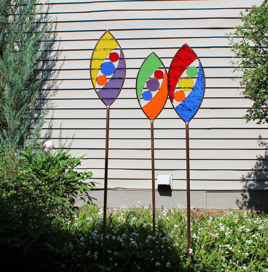 Tall Glass Garden Art Stakes. Primary colors. You pick 1, 2 or 3. Unique yard décor.