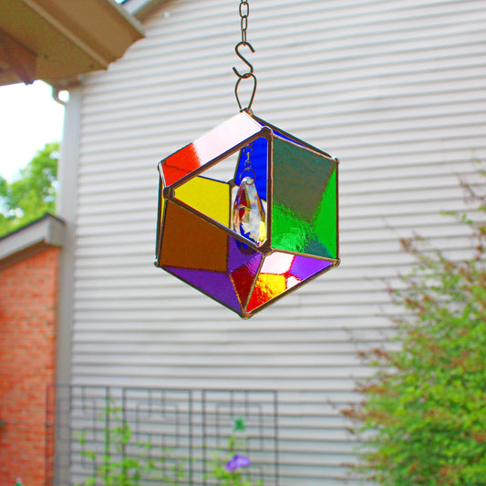 Squared Orb Glass Suncatcher with Centered Teardrop Crystal. Primary colors.