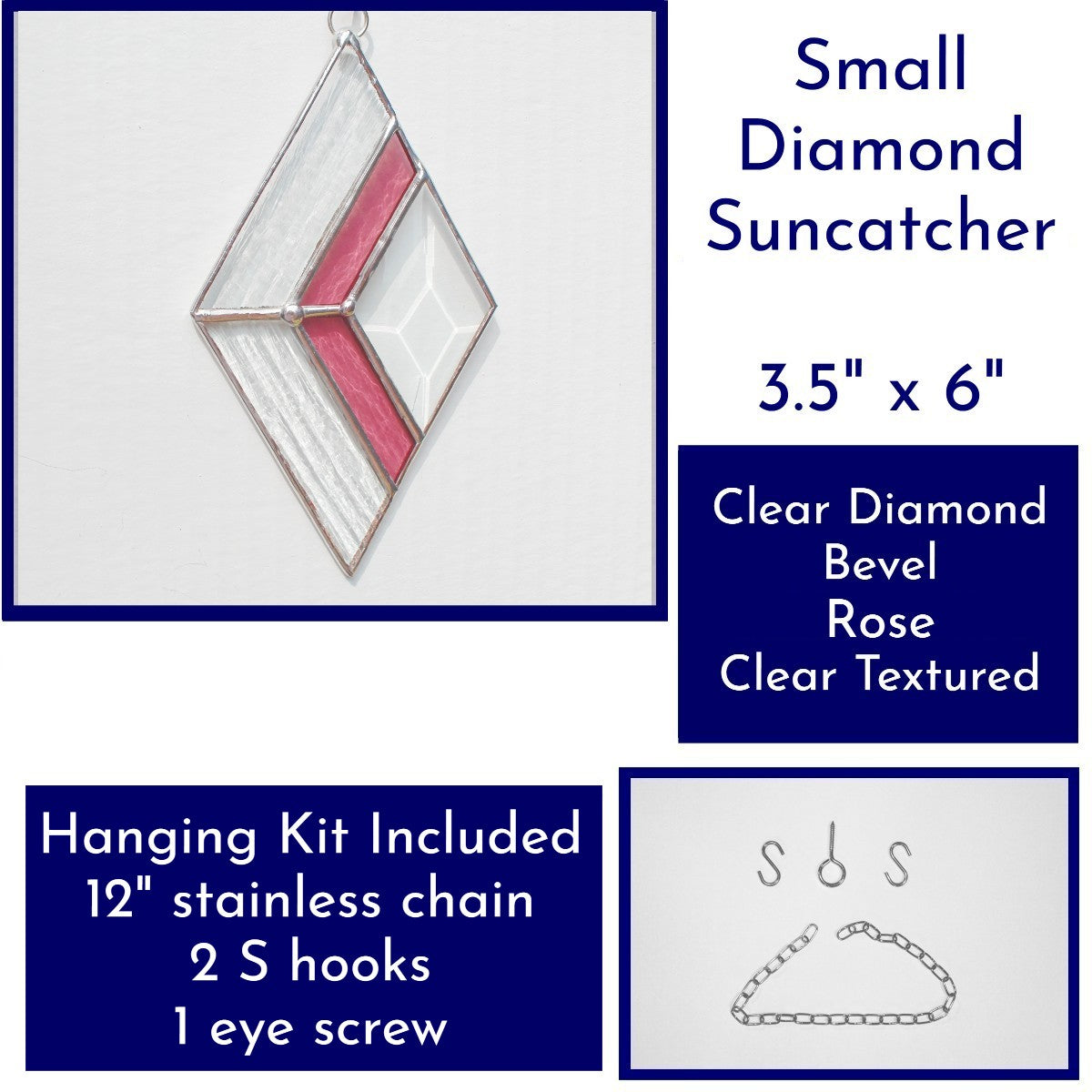 Small Diamond Stained Glass Suncatcher – Silver Finish, Faceted Bevel & Rose Accent
