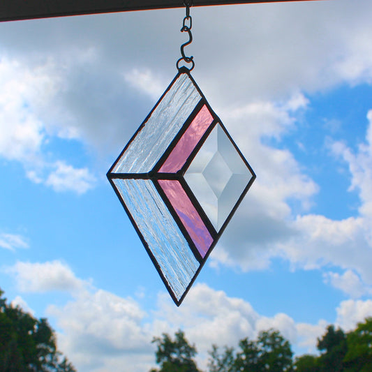 Small Diamond Stained Glass Suncatcher – Silver Finish, Faceted Bevel & Rose Accent
